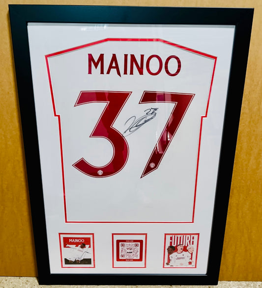 Signed Framed Kobbie Mainoo Manchester United 23/24 3rd Shirt With QR Code Technology