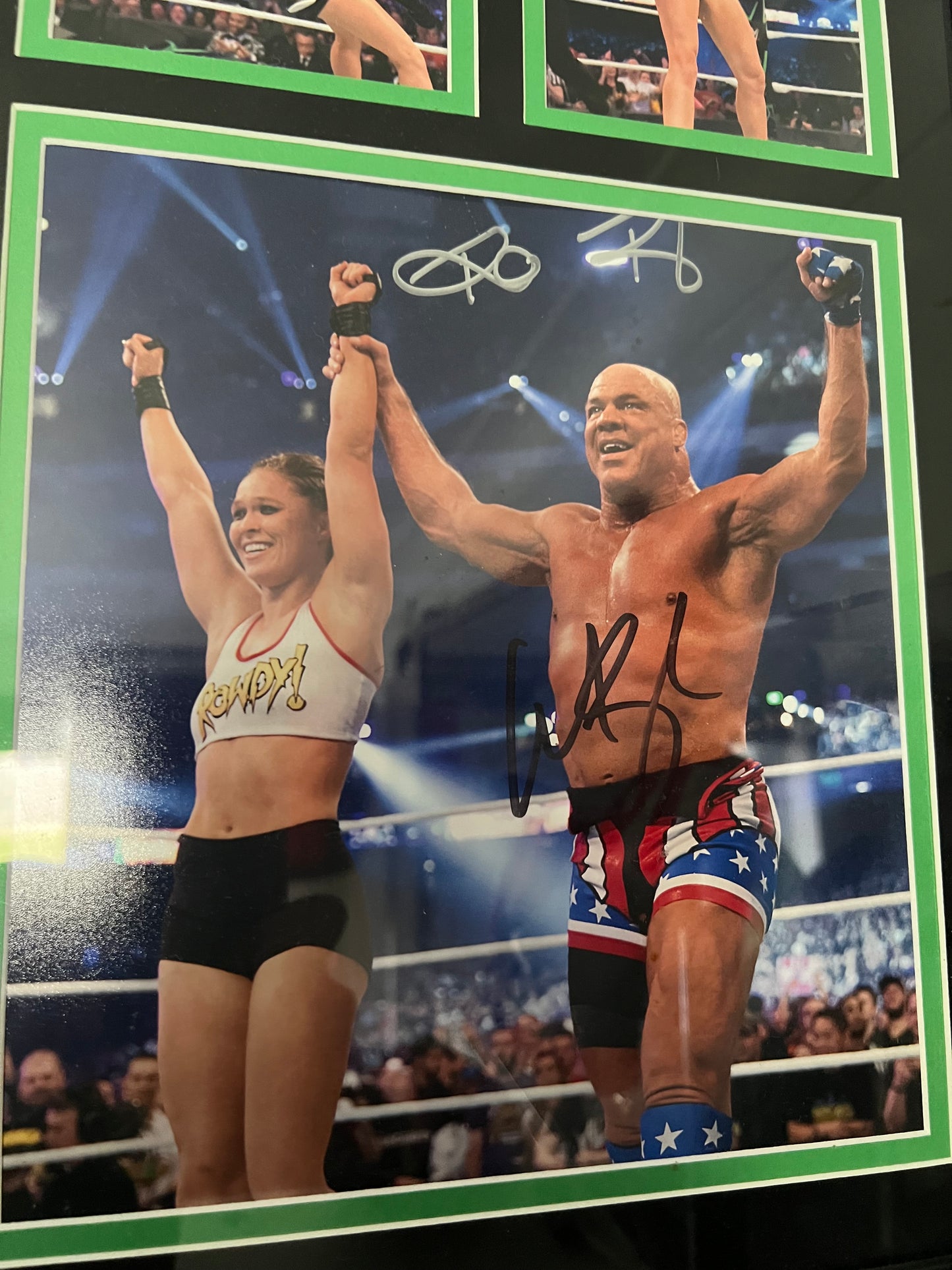 Signed WWE WrestleMania 34 Plaque (Autographed by Ronda Rousey and Kurt Angle) 140/500