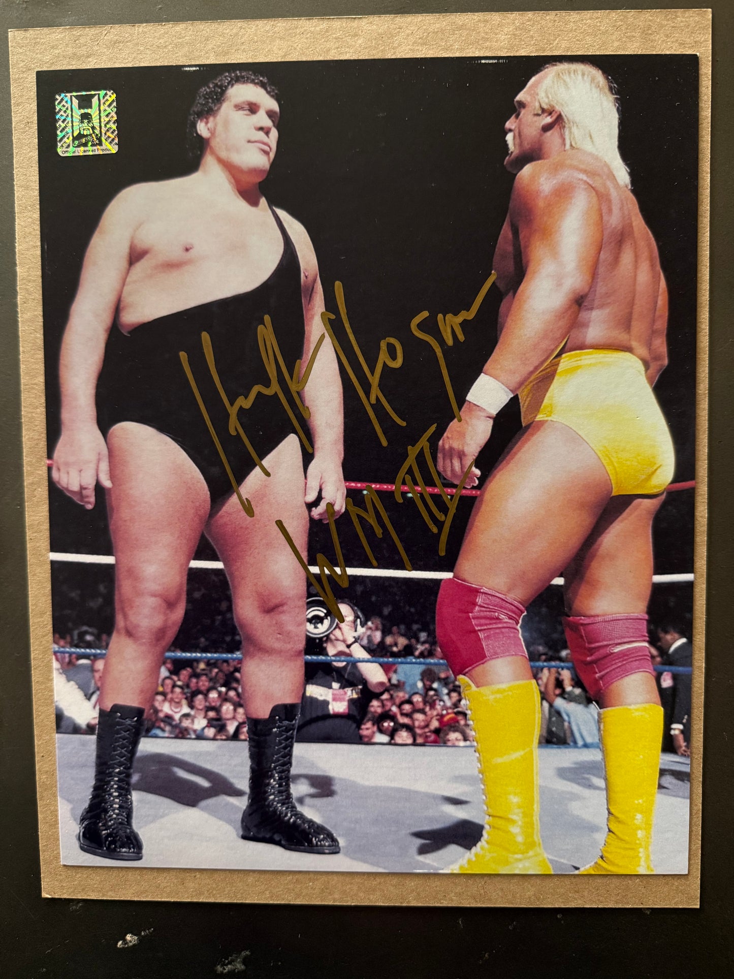 Signed WWE Hulk Hogan WrestleMania 3 Hulk Hogan v Andre The Giant Promo Photo W/Hogan’s Beach Shop Autograph Authentication Sticker
