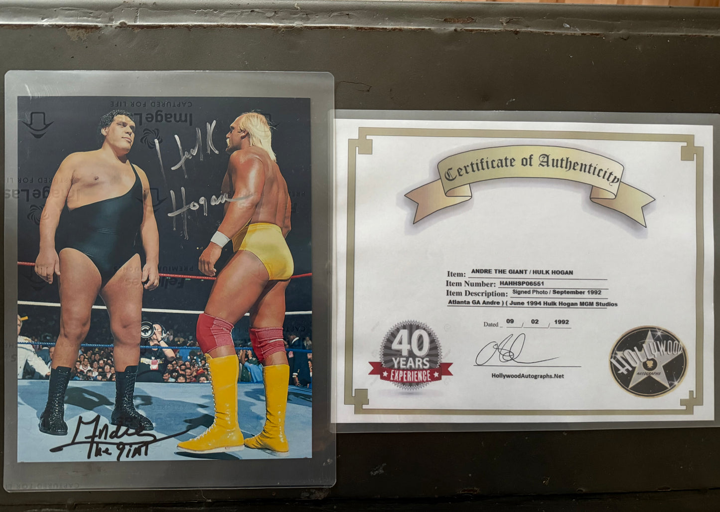 Signed WWE Hulk Hogan and Andre The Giant WrestleMania 3 Hulk Hogan v Andre The Giant Promo Photo W/Shop COA