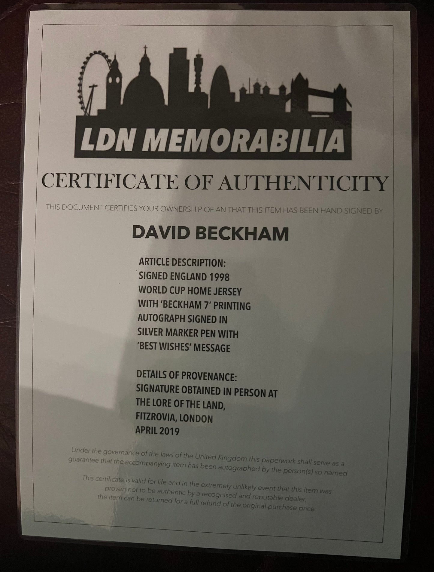 Signed David Beckham England 1998 Debut Shirt