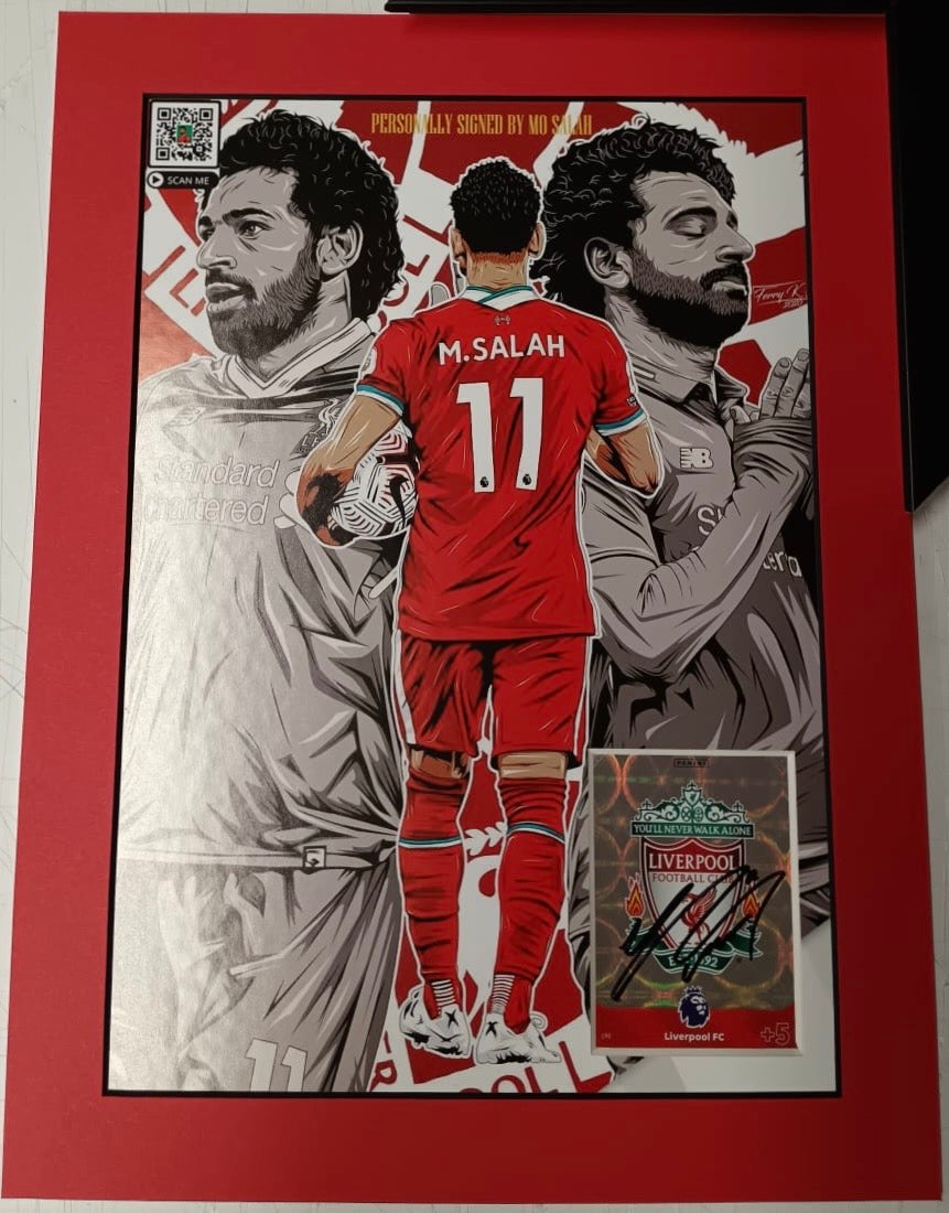 Signed Framed Mo Salah Liverpool Foil Card With QR Code Technology— Showing Salah Goals Compilation