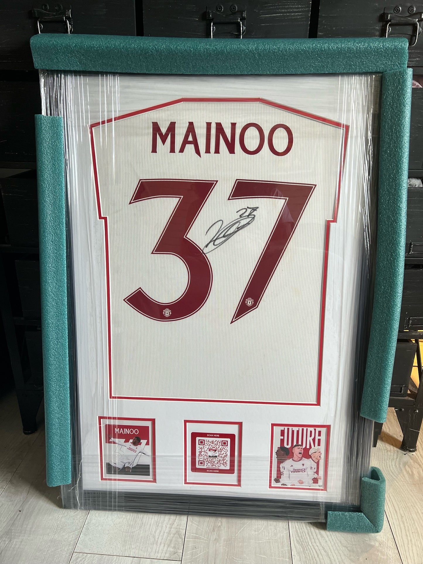 Signed Framed Kobbie Mainoo Manchester United 23/24 3rd Shirt With QR Code Technology