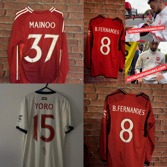 Signed Manchester United 3 Shirt Package - Fernandes, Mainoo and Yoro