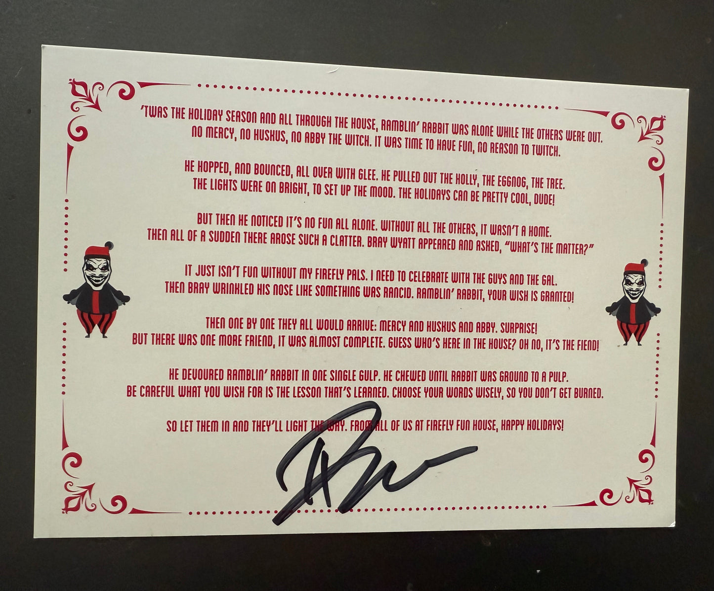 Signed WWE “Fiend” Bray Wyatt Firefly Funhouse Christmas Card - EXTREMELY RARE