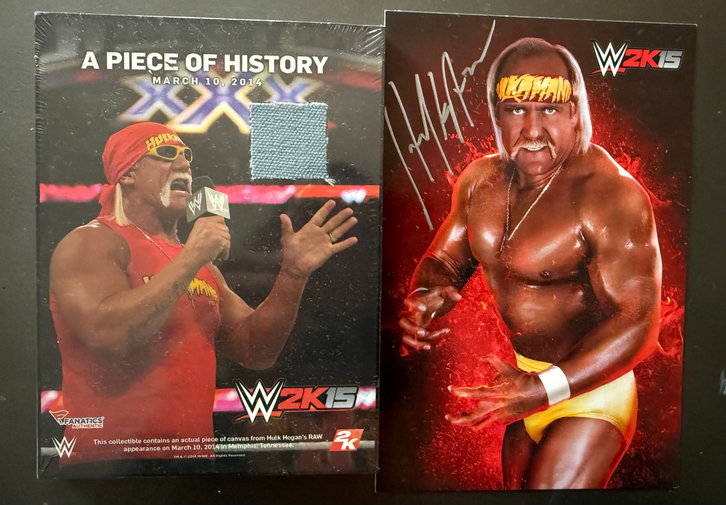 Signed WWE Hulk Hogan WWE 2K15 Promo Photo and Limited Edition WrestleMania XXX Plaque With Authentic Ring Matt