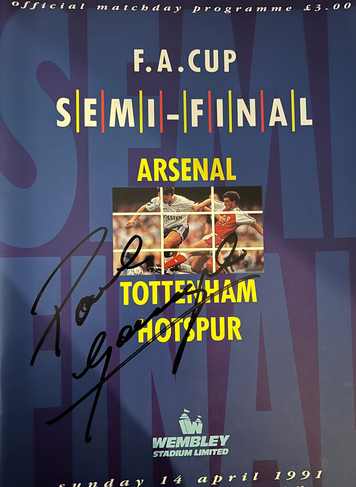 Signed Paul Gascoigne Arsenal v Tottenham FA Cup Semifinal Programme | Black Ink Version
